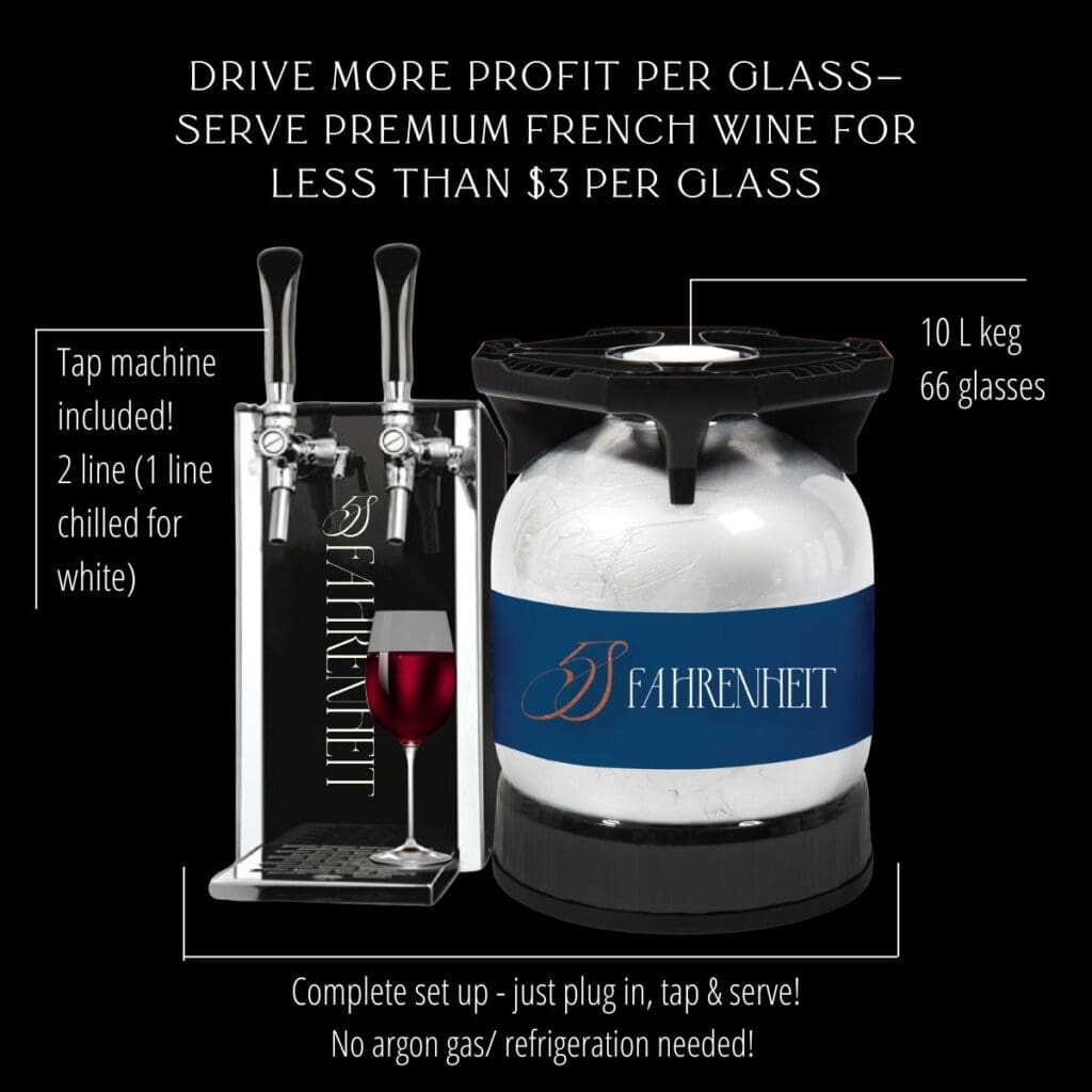 French wine in sustainable kegs with included counter top 2 line tap machine